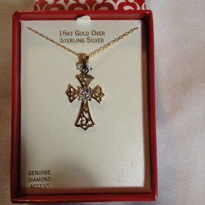 18K Gold Over Sterling Silver Diamond Accent Cross With 18 in. Chain